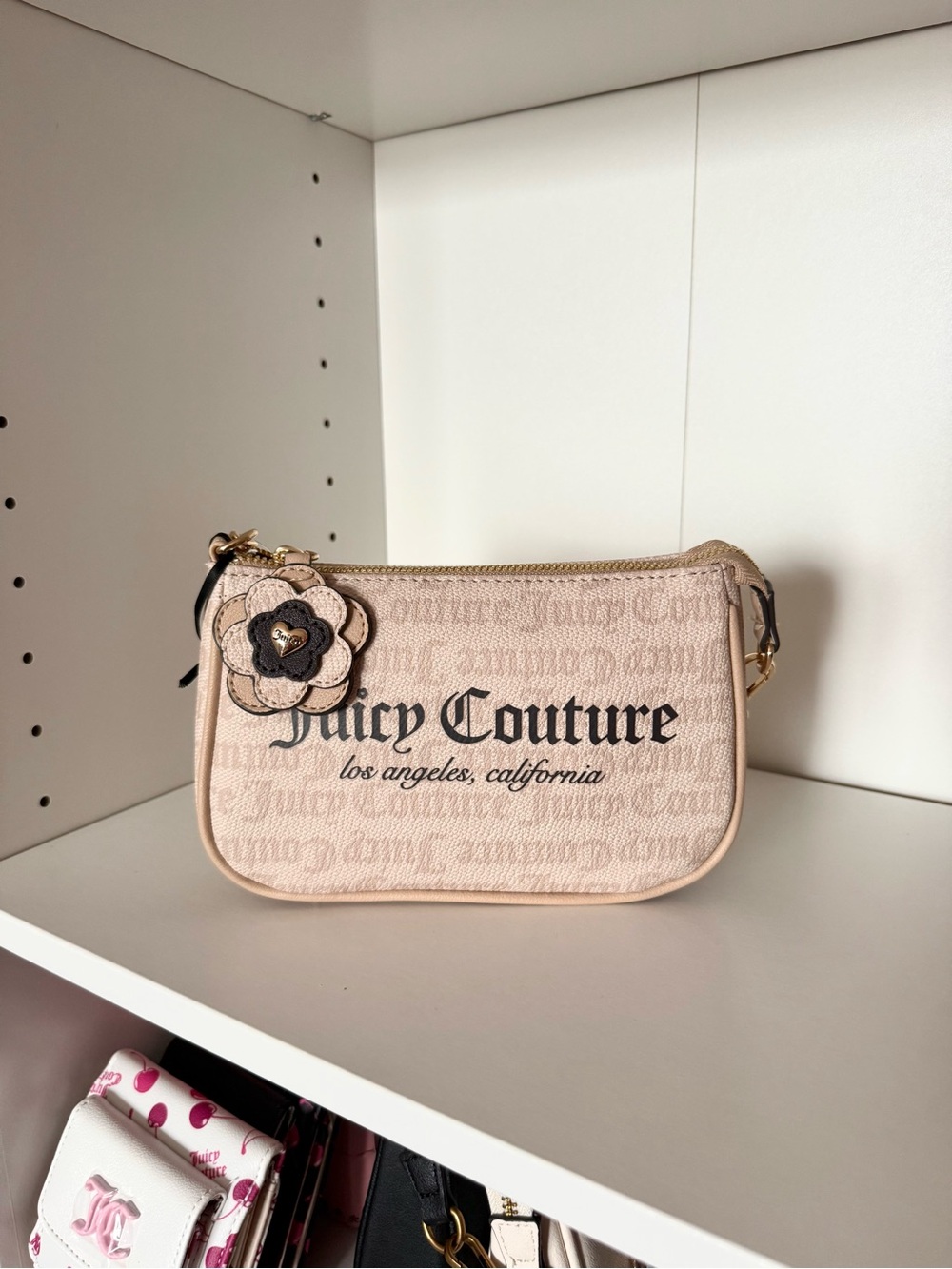 Juicy Couture “Summer Garden” Tan Logo Wristlet with Flower Charm